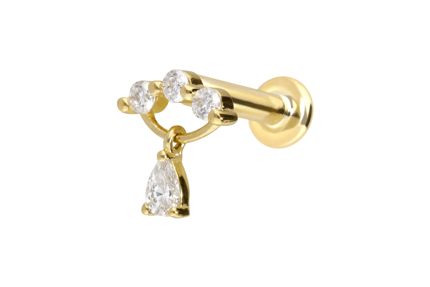 14 Karat Gold Labret Piercing mit Push Fit MOISSANIT-BOGEN + MOISSANIT-TROPFEN